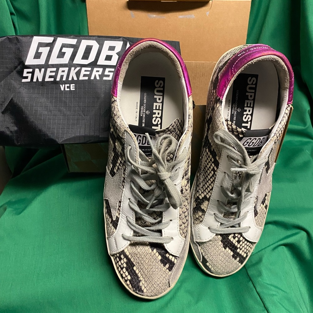 Golden Goose Snake Print Sneakers - Black, white, and Pink